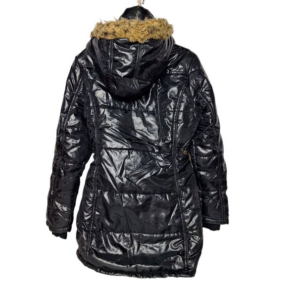 Last Kiss Black Shiny Quilted Puffer Coat Medium Faux Fur - Picture 2 of 5